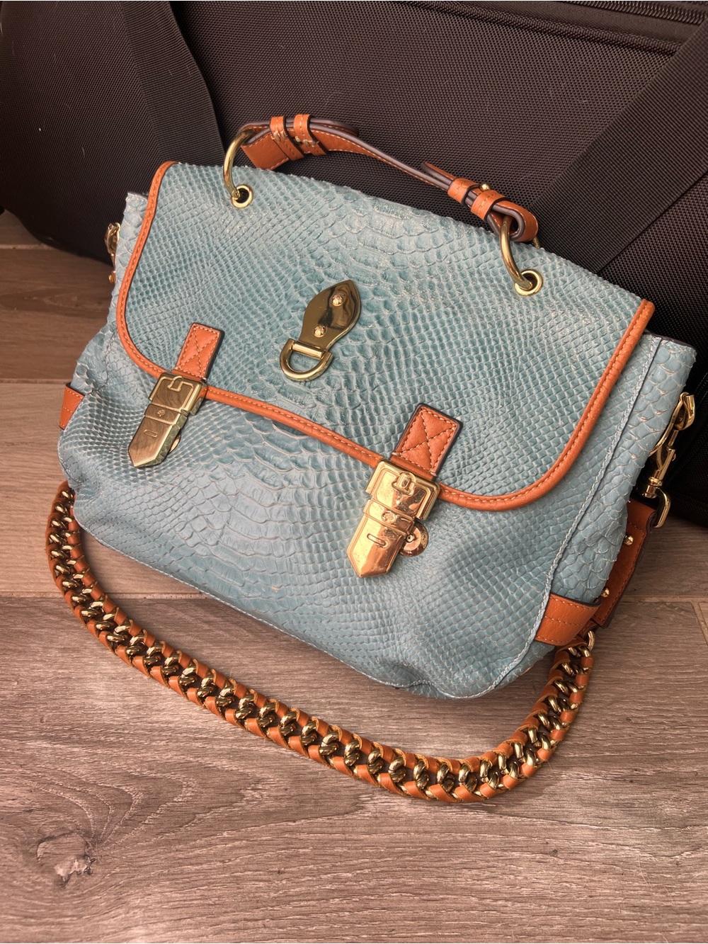 Mulberry Alexa Blue Snake Embossed Satchel with Tan Trim and Gold Hardware